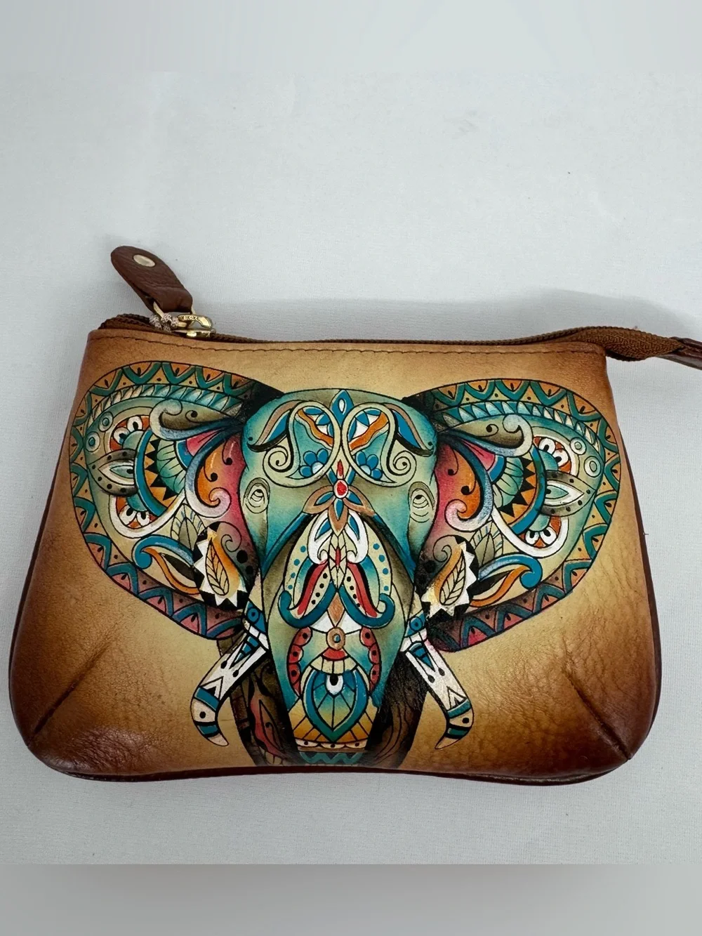 NWT Anuschka Elephant Mandala Zip Pouch Leather